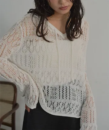 透かし編みフーディトップス [N1349] | 送料無料 4/19(日)12:00~4/20(月)朝12:00まで