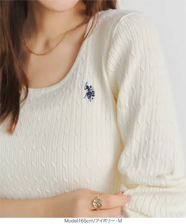 [ U.S. POLO ASSN. ]  M L 深Uネックケーブルニット [N1383]| 送料無料 9/22(火)12:00~9/24(木)12:00まで