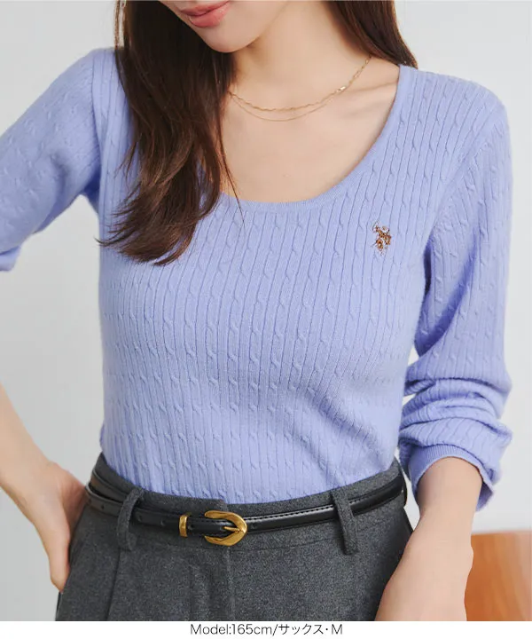 [ U.S. POLO ASSN. ]  M L 深Uネックケーブルニット [N1383]| 送料無料 9/22(火)12:00~9/24(木)12:00まで
