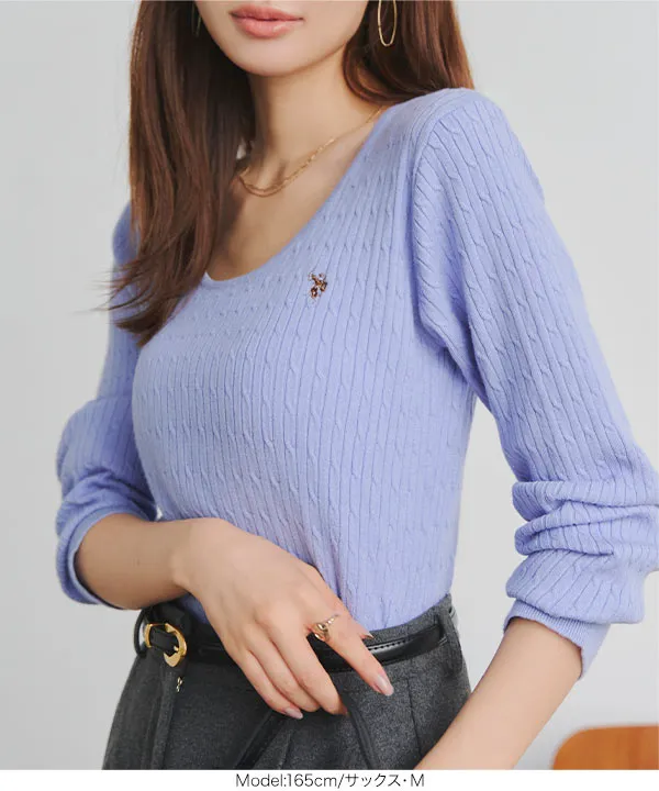 [ U.S. POLO ASSN. ]  M L 深Uネックケーブルニット [N1383]| 送料無料 9/22(火)12:00~9/24(木)12:00まで