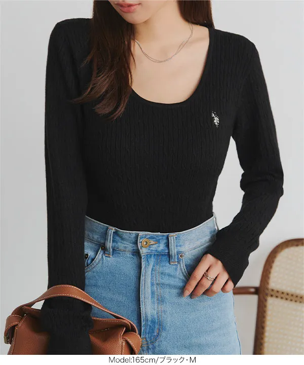 [ U.S. POLO ASSN. ]  M L 深Uネックケーブルニット [N1383]| 送料無料 9/22(火)12:00~9/24(木)12:00まで