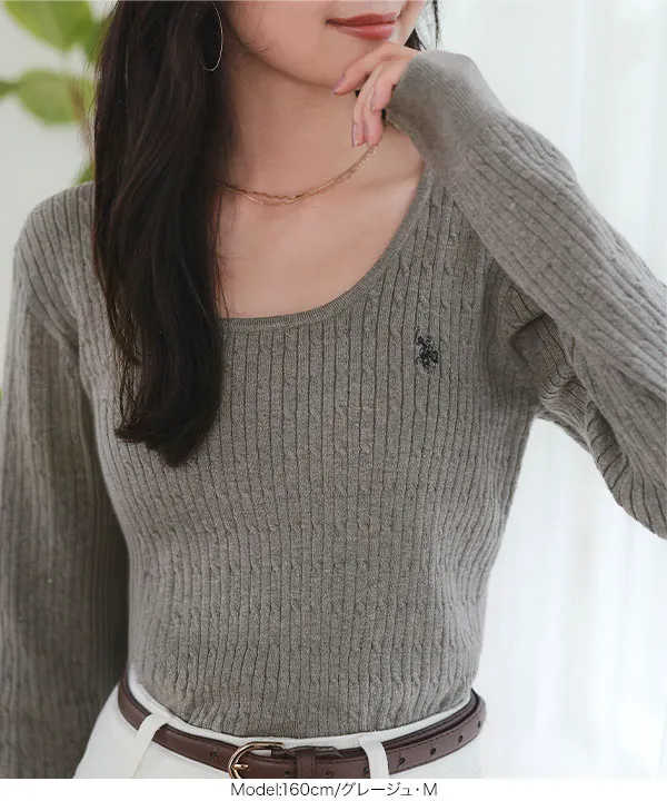 [ U.S. POLO ASSN. ]  M L 深Uネックケーブルニット [N1383]| 送料無料 9/22(火)12:00~9/24(木)12:00まで