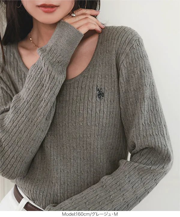 [ U.S. POLO ASSN. ]  M L 深Uネックケーブルニット [N1383]| 送料無料 9/22(火)12:00~9/24(木)12:00まで
