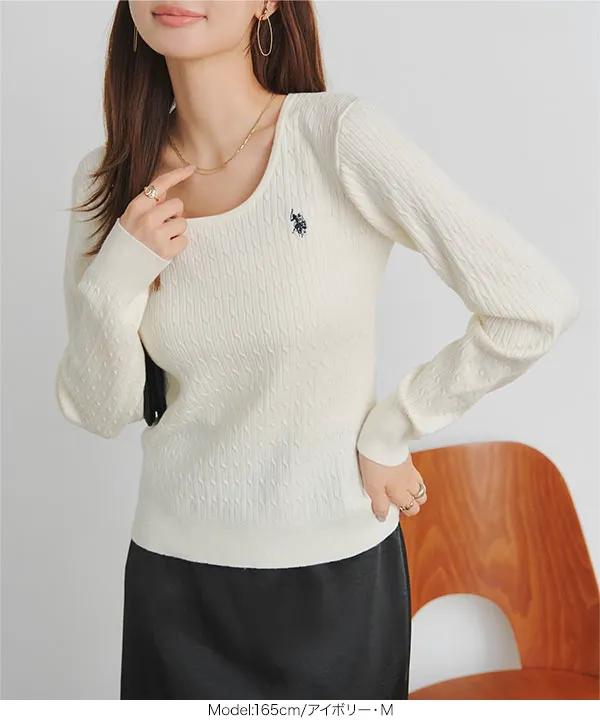 [ U.S. POLO ASSN. ]  M L 深Uネックケーブルニット [N1383]| 送料無料 9/22(火)12:00~9/24(木)12:00まで