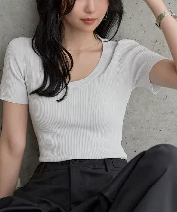 深Uネック半袖シアーリブニットトップス [N2244] | 特別価格&送料無料  4/19(日)12:00~4/20(月)朝12:00まで