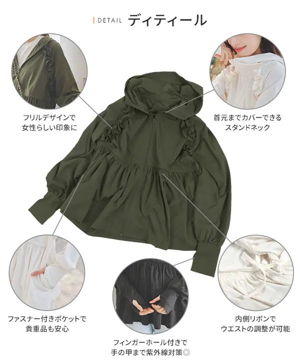 [ ラッシュガード ] 指穴付きウエストストリング肩フリルパーカー [S209]| 大好評につき送料無料！