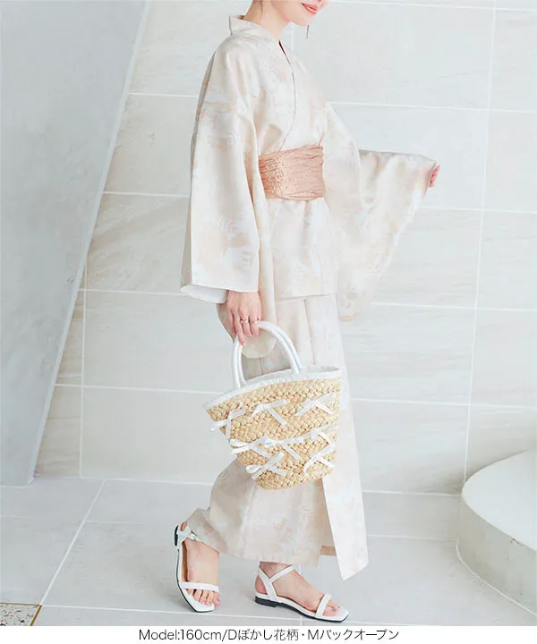 神戸レタス　浴衣　クリームベージュ 低身長向け ぼかし花柄　バックオープン　М ワンピース浴衣セット [X47H]｜送料無料！ - レディース