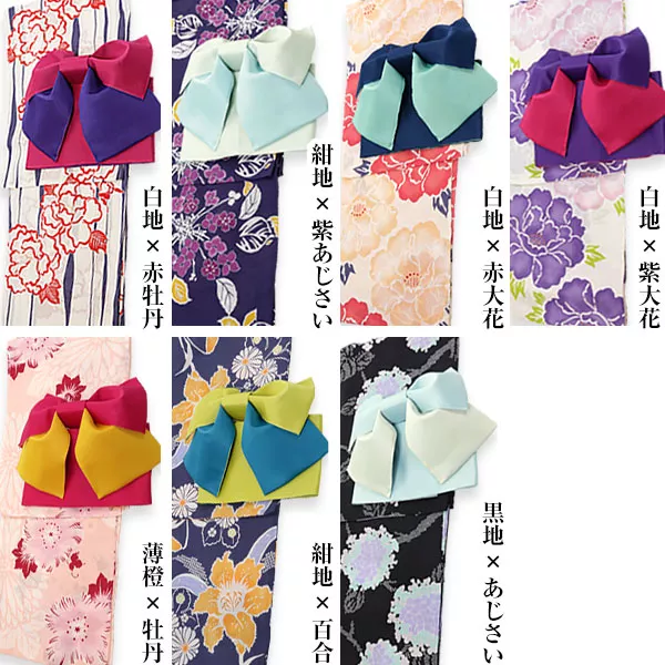 選べる華やか全7柄☆平織浴衣＋作り帯セット [X362] - レディース