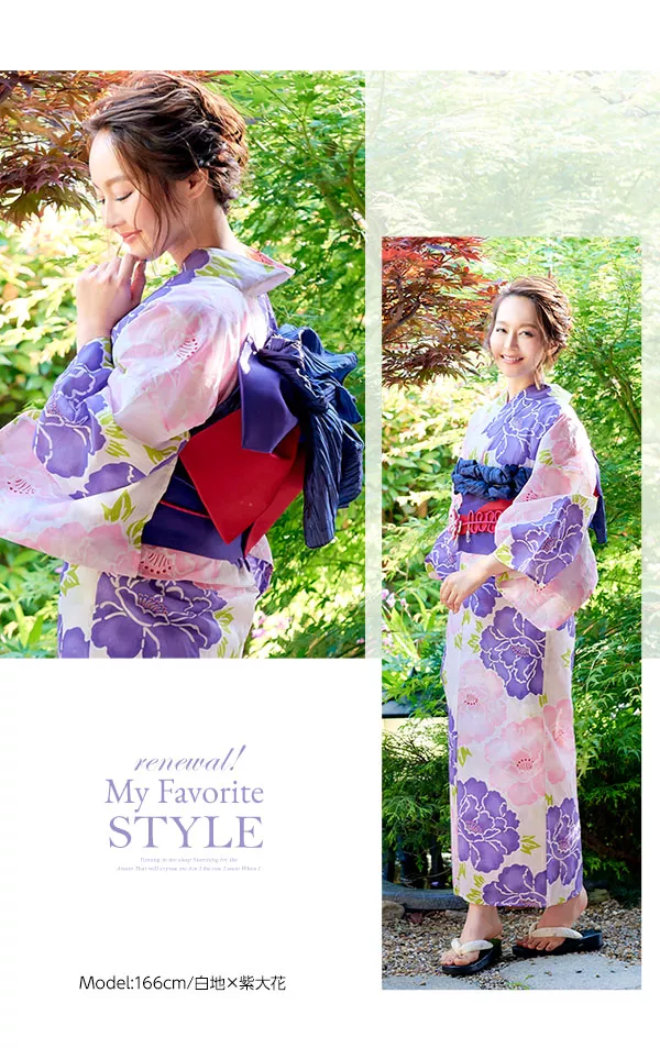 選べる華やか全7柄☆平織浴衣＋作り帯セット [X362] - レディース